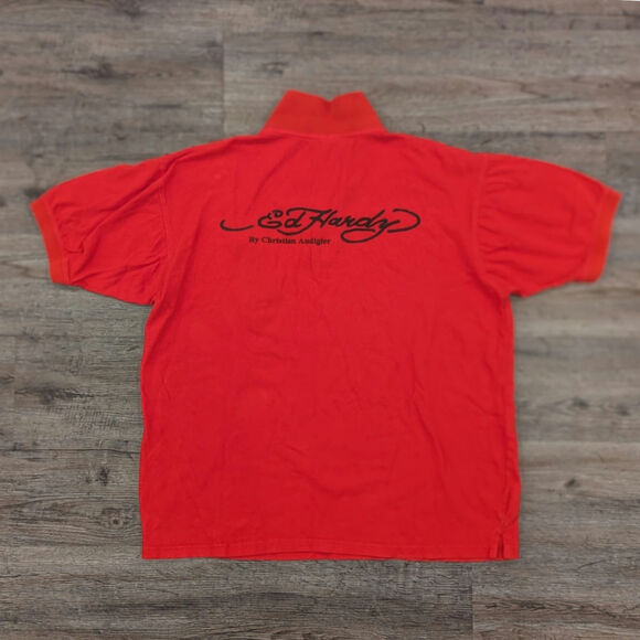 vintage Y2K Ed Hardy by Christian Audigan Red Embroidered Polo Men's XXL - Picture 3 of 10